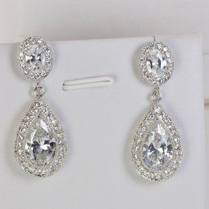 Luxury CZ Trendy Halo Brilliant w/ Pear Drop Dangle Earrings